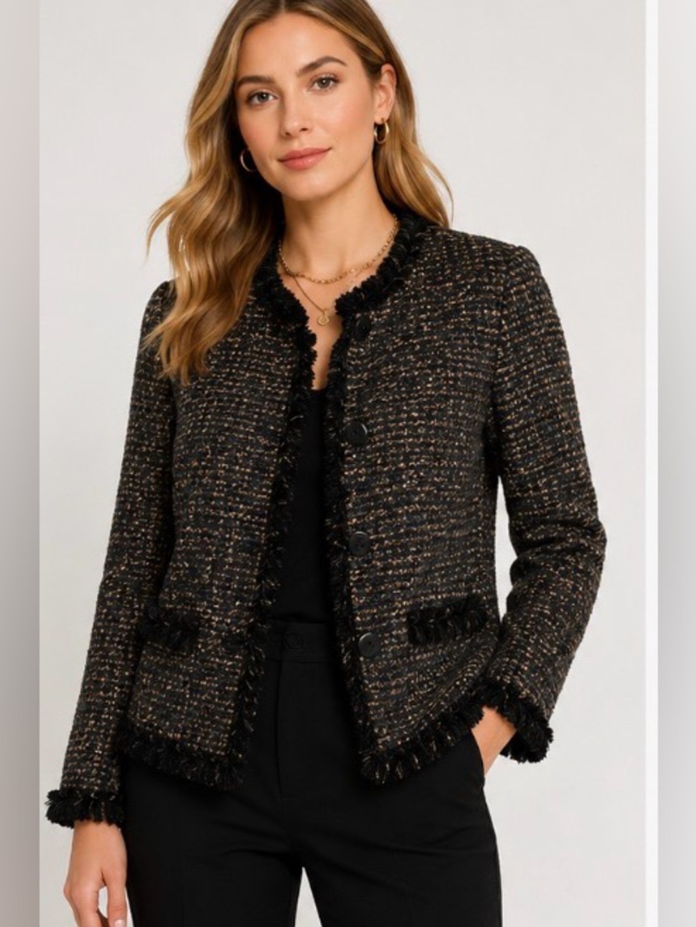 Dana Buchman Black & Brown Fringed Bouclé Tweed Wool Blend Blazer Jacket